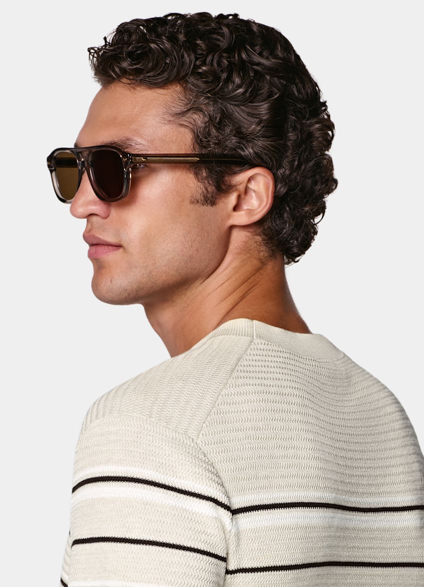 SUITSUPPLY Cotone e seta Girocollo jacquard a righe color sabbia maniche corte