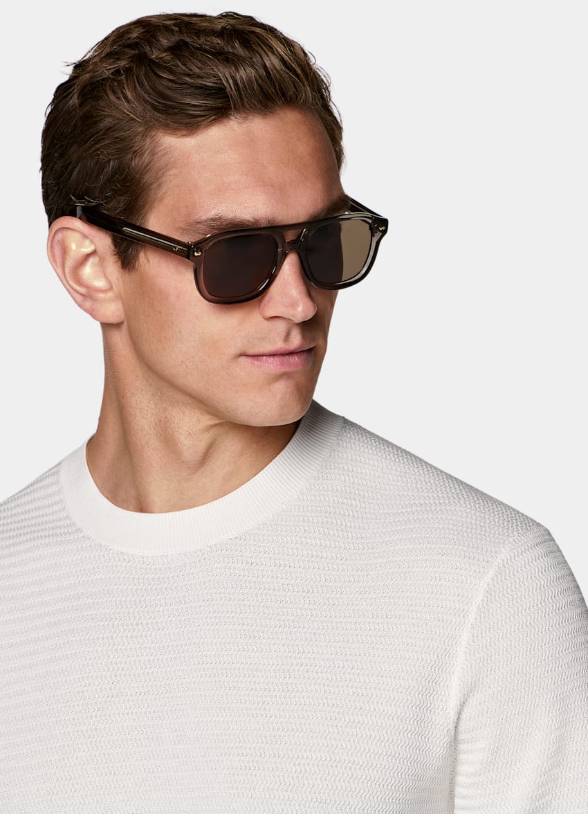 SUITSUPPLY Algod&oacute;n y seda Cuello redondo jacquard crudo de manga corta