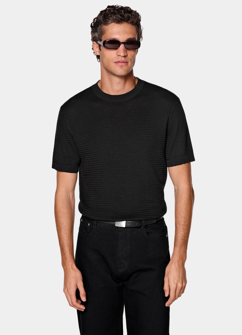 SUITSUPPLY Coton et soie Col rond en jacquard noir &agrave; manches courtes.