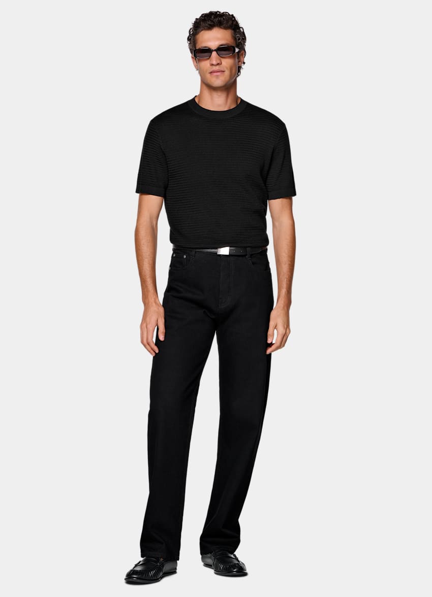 SUITSUPPLY Coton et soie Col rond en jacquard noir &agrave; manches courtes.