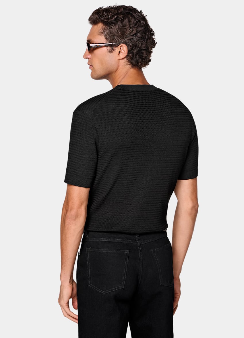 SUITSUPPLY Coton et soie Col rond en jacquard noir &agrave; manches courtes.