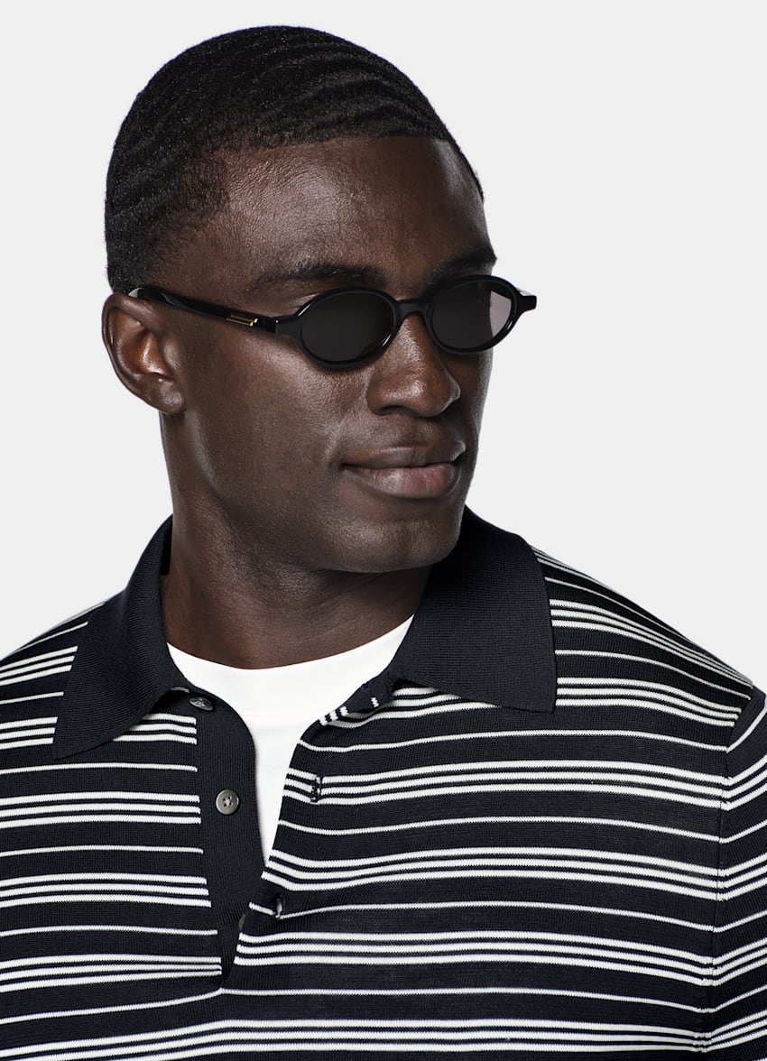 SUITSUPPLY Katoen-zijde Navy Gestreept Poloshirt