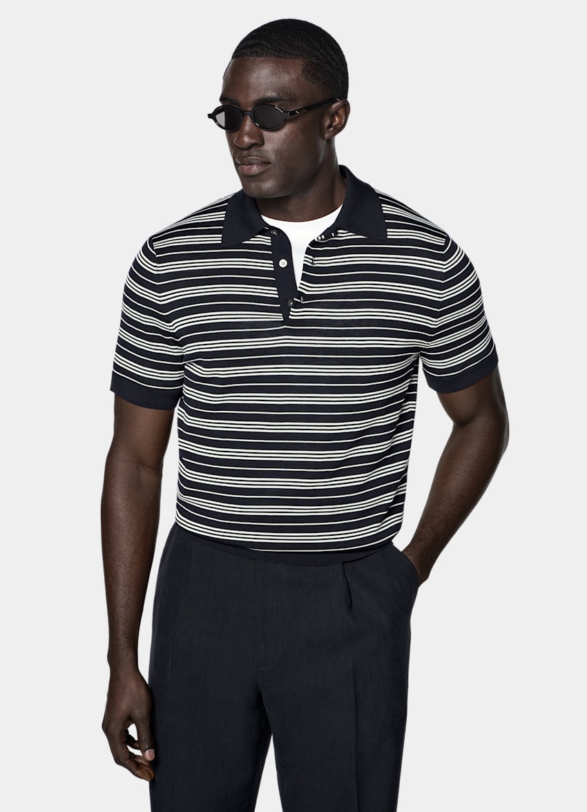 SUITSUPPLY Katoen-zijde Navy Gestreept Poloshirt