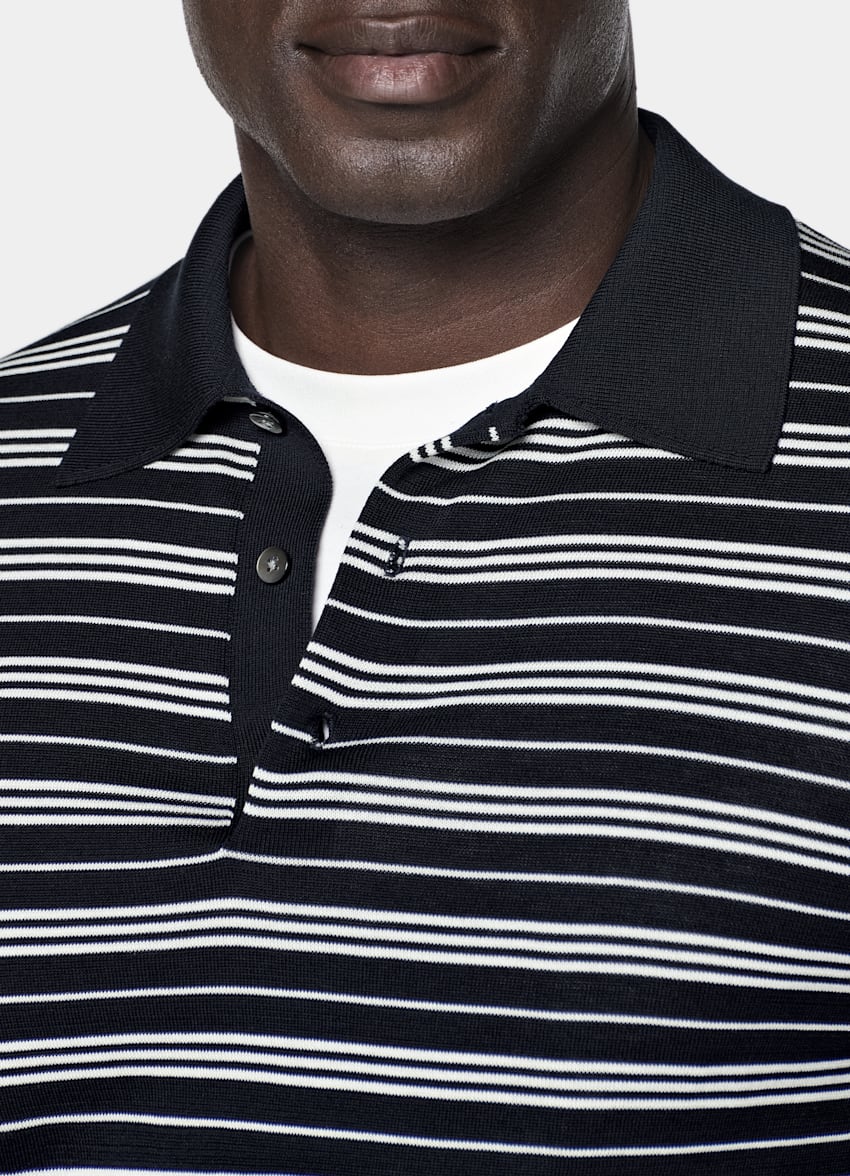 SUITSUPPLY Katoen-zijde Navy Gestreept Poloshirt
