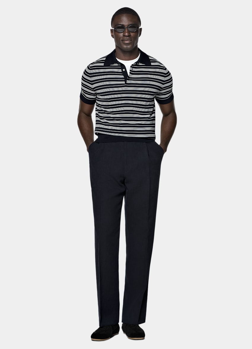 SUITSUPPLY Katoen-zijde Navy Gestreept Poloshirt