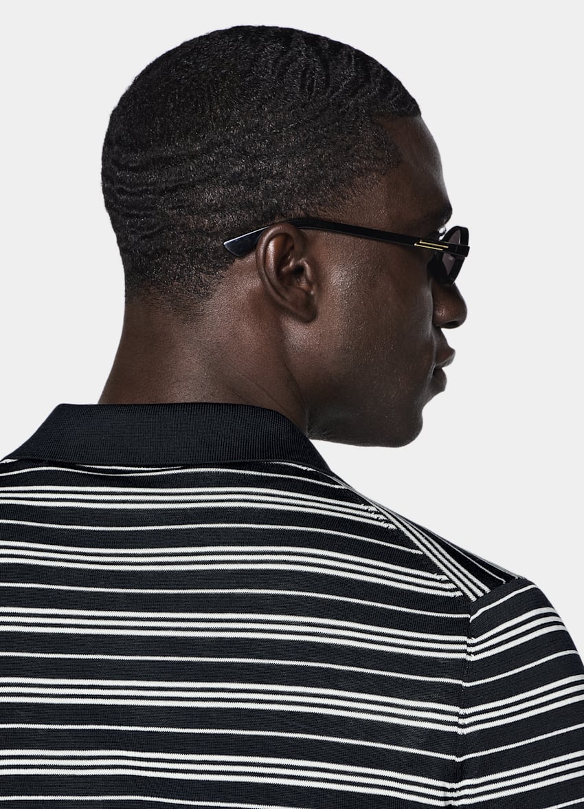 SUITSUPPLY Katoen-zijde Navy Gestreept Poloshirt