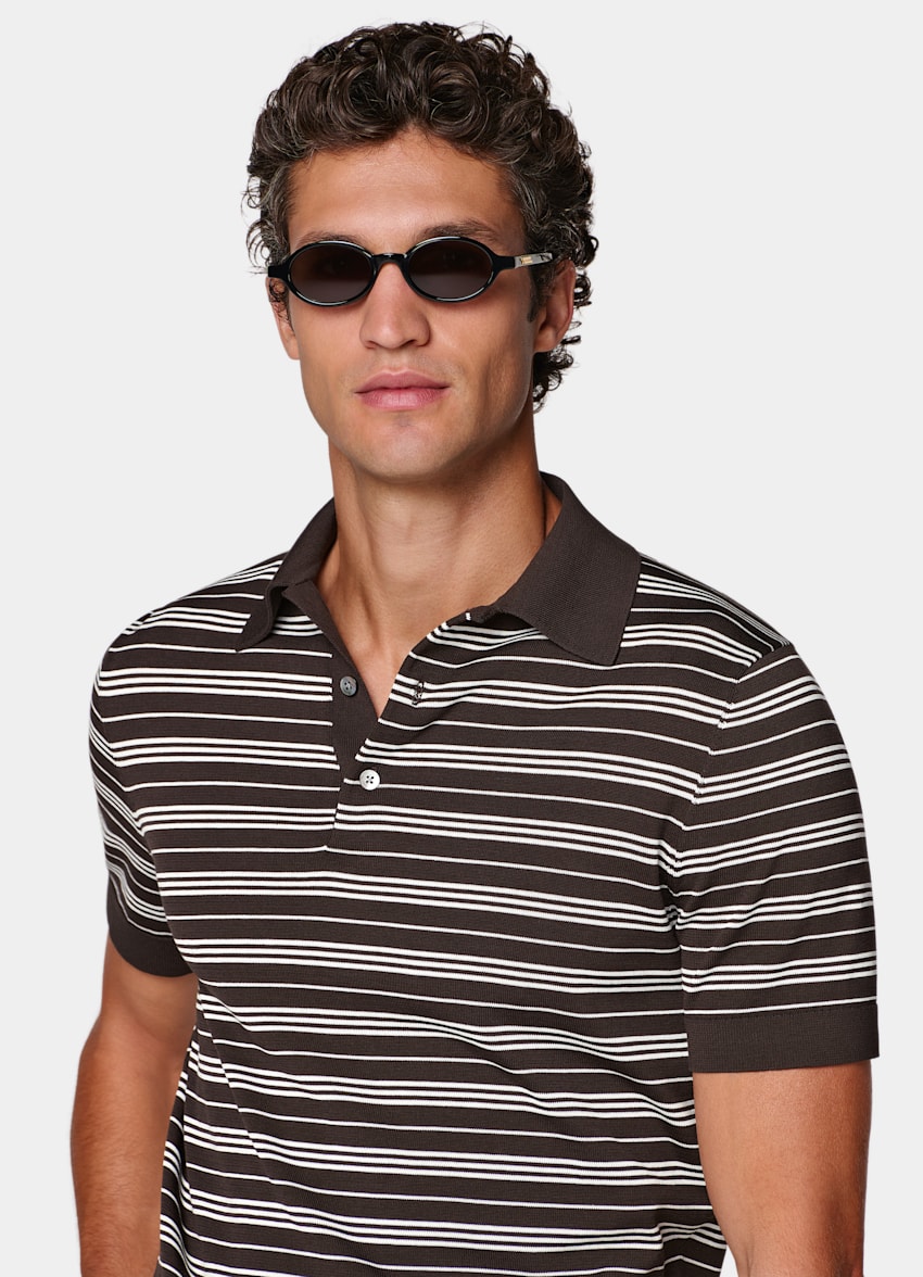 SUITSUPPLY Katoen-zijde Bruin Gestreept Poloshirt