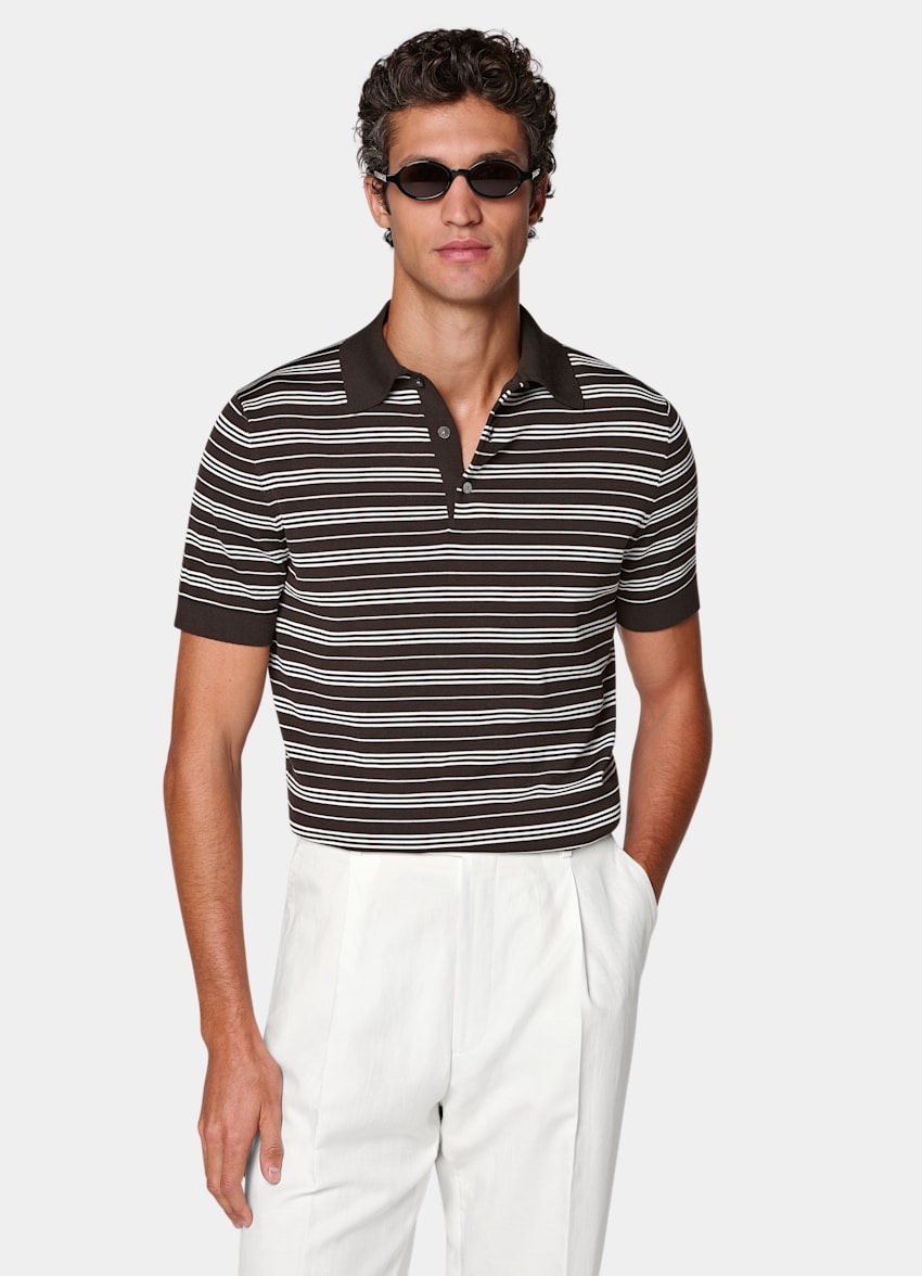 SUITSUPPLY Katoen-zijde Bruin Gestreept Poloshirt