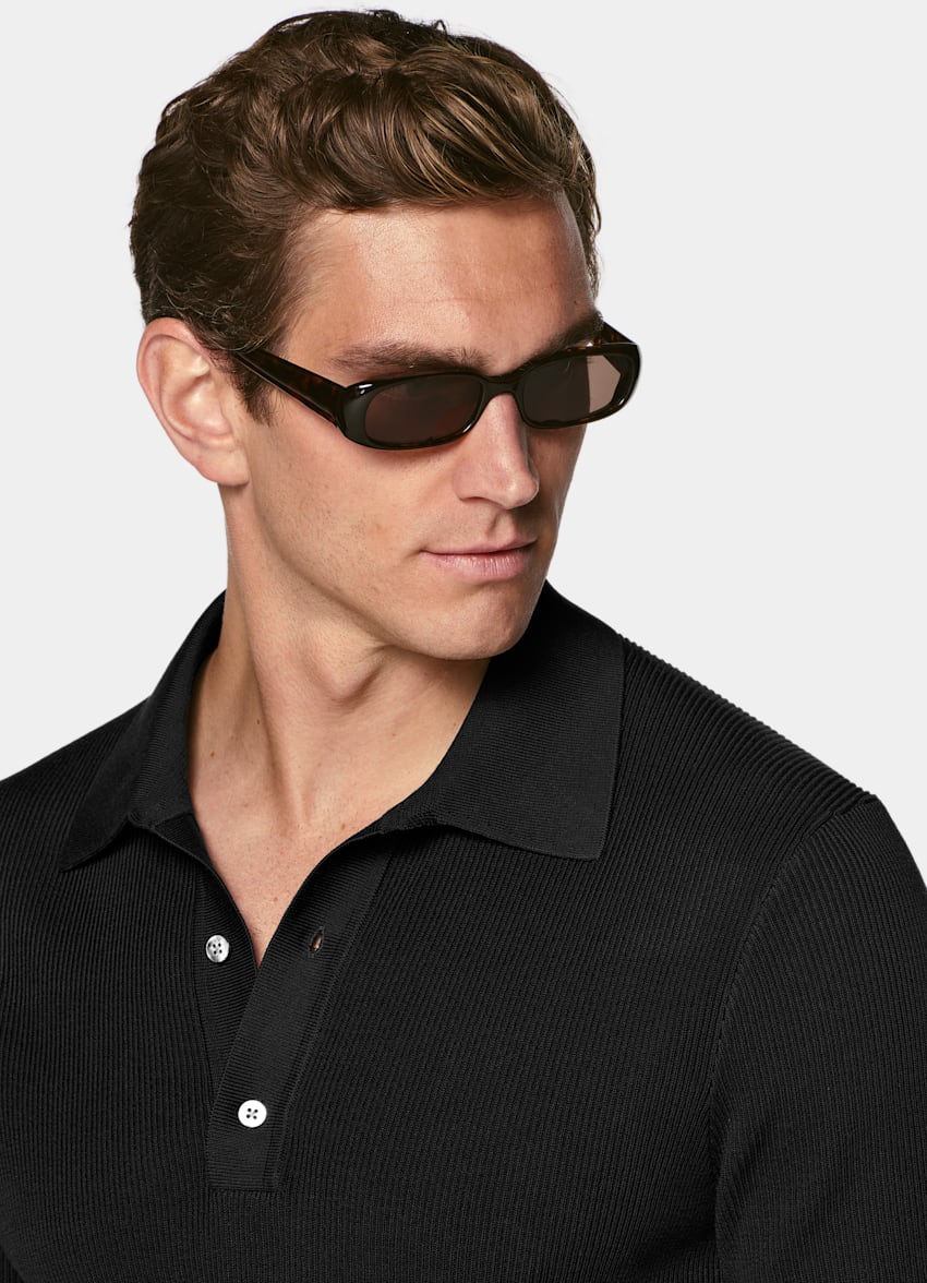 SUITSUPPLY Cotton Silk Black Ribbed Polo