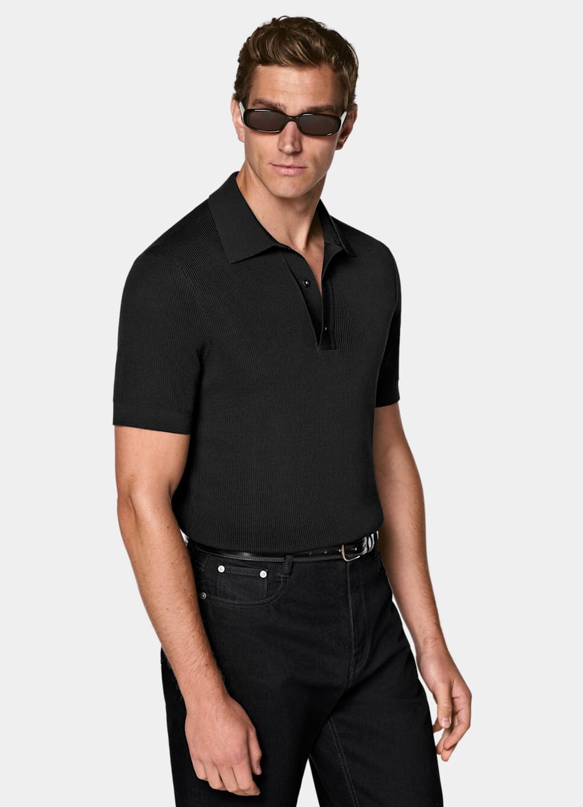 SUITSUPPLY Cotton Silk Black Ribbed Polo