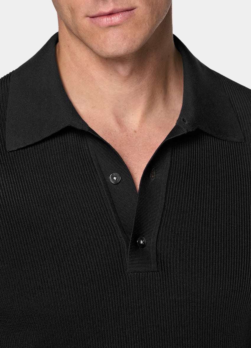 SUITSUPPLY Cotton Silk Black Ribbed Polo