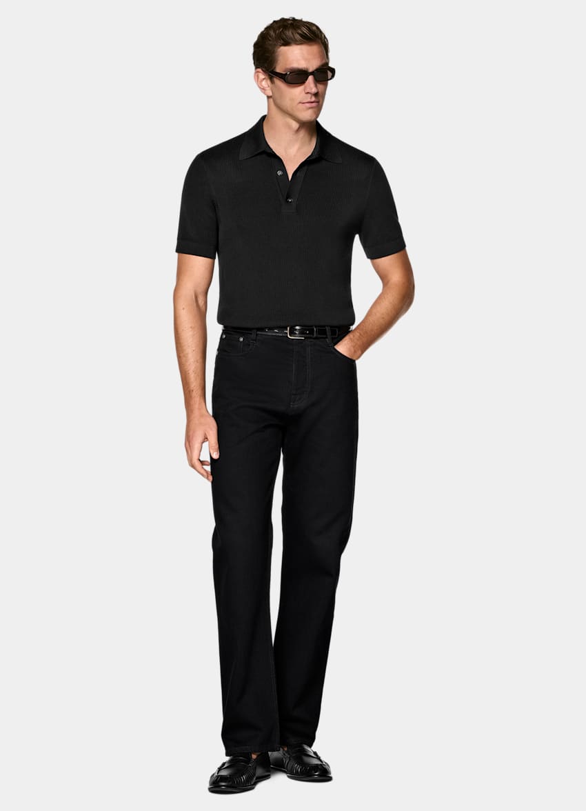 SUITSUPPLY Cotton Silk Black Ribbed Polo