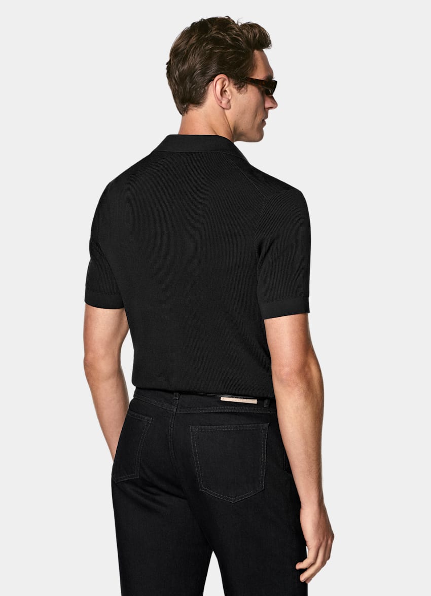 SUITSUPPLY Cotton Silk Black Ribbed Polo