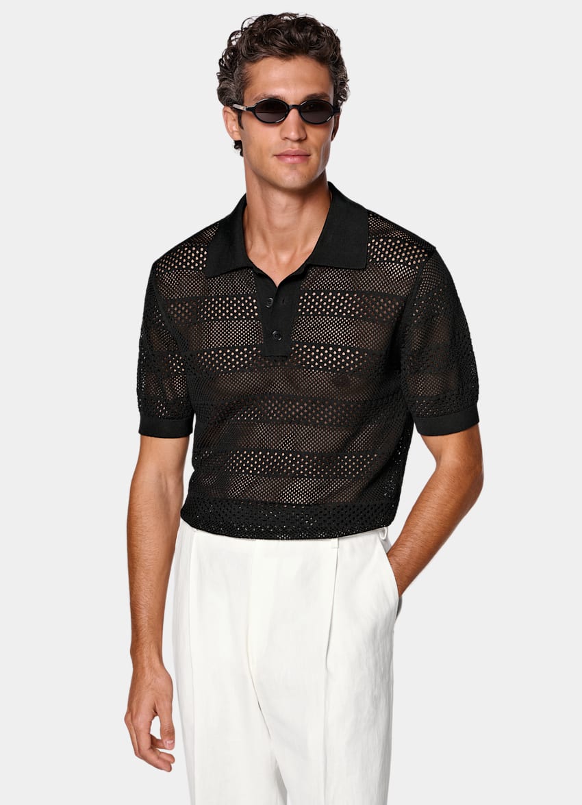 SUITSUPPLY Coton et soie Polo en crochet noir