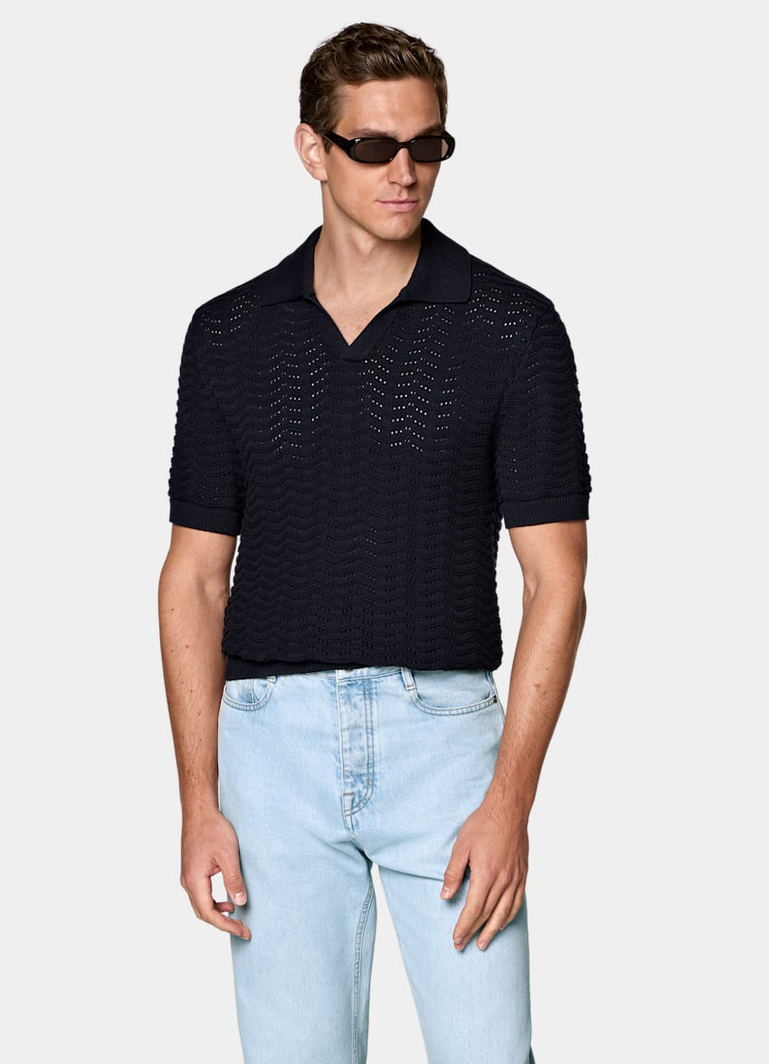SUITSUPPLY Katoen-zijde Navy Crochet Poloshirt Zonder Knopen