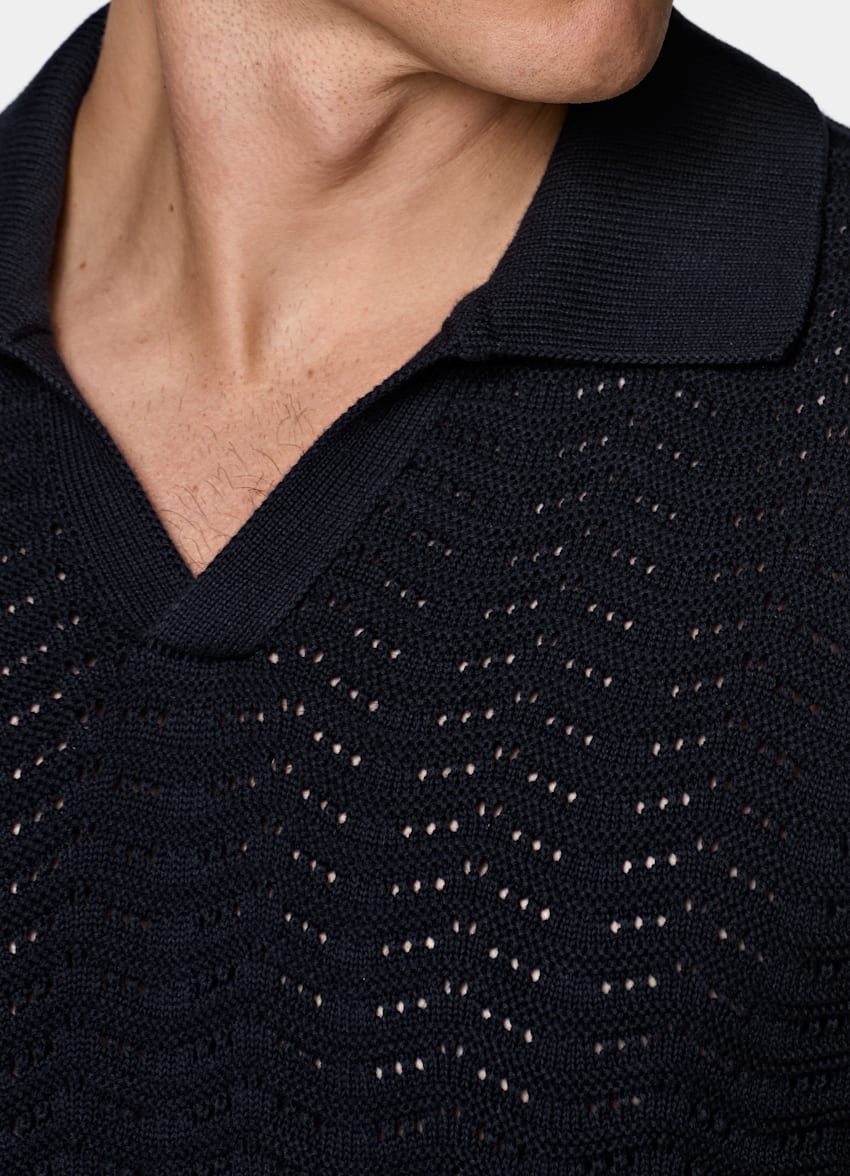 SUITSUPPLY Katoen-zijde Navy Crochet Poloshirt Zonder Knopen