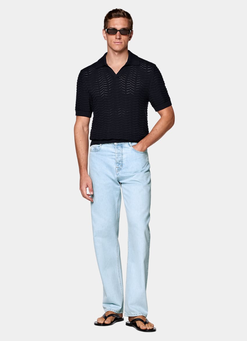 SUITSUPPLY Katoen-zijde Navy Crochet Poloshirt Zonder Knopen