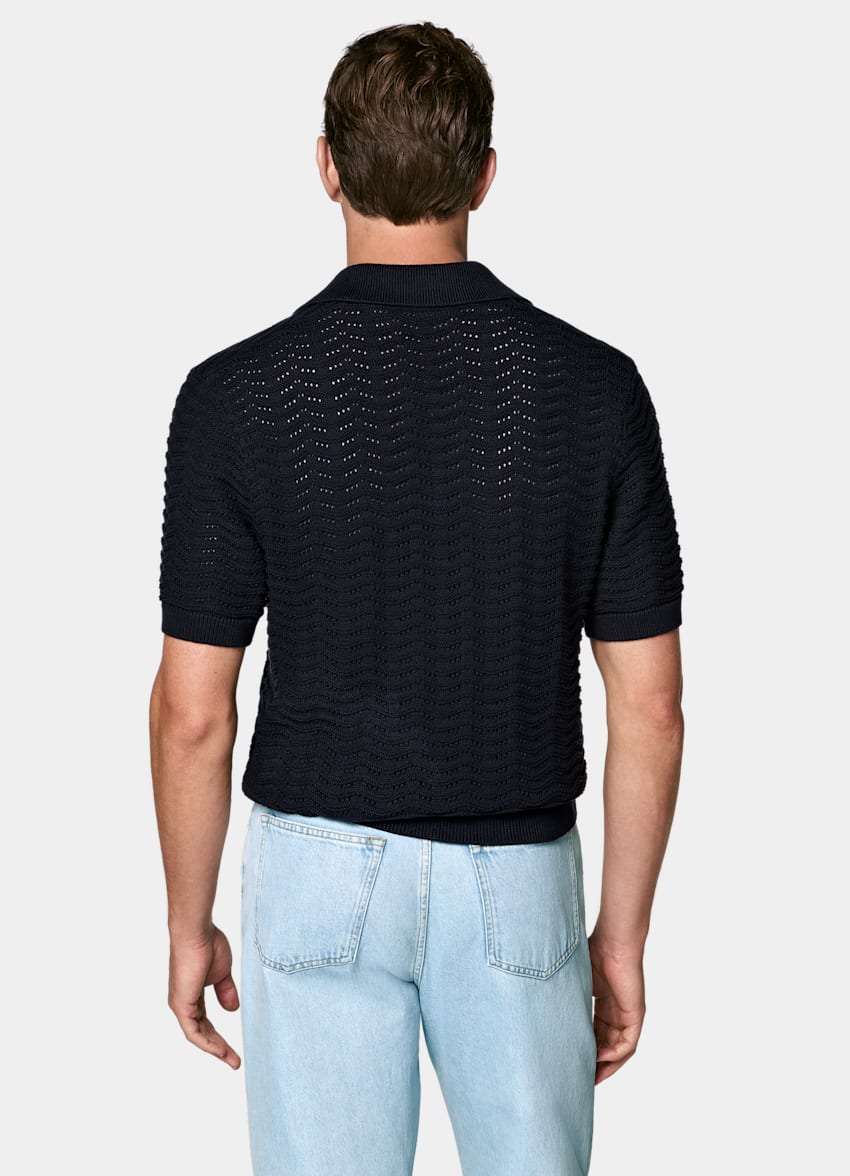 SUITSUPPLY Katoen-zijde Navy Crochet Poloshirt Zonder Knopen