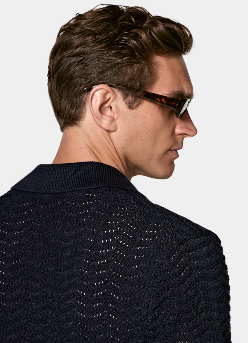 SUITSUPPLY Katoen-zijde Navy Crochet Poloshirt Zonder Knopen