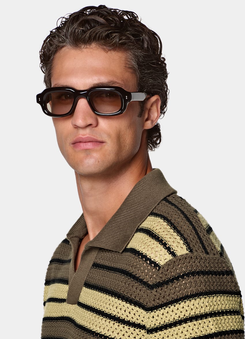 SUITSUPPLY Pure Cotton Mid Green Striped Crochet Buttonless Polo