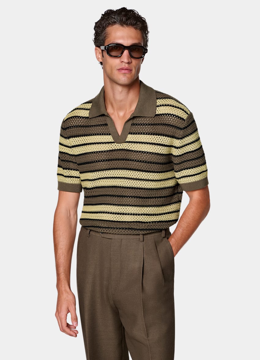 SUITSUPPLY Pure Cotton Mid Green Striped Crochet Buttonless Polo