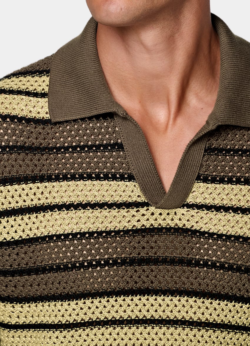 SUITSUPPLY Pure Cotton Mid Green Striped Crochet Buttonless Polo