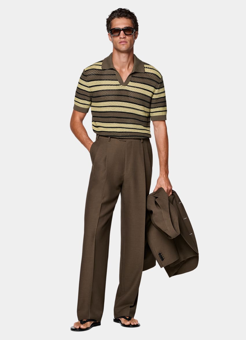 SUITSUPPLY Pure Cotton Mid Green Striped Crochet Buttonless Polo