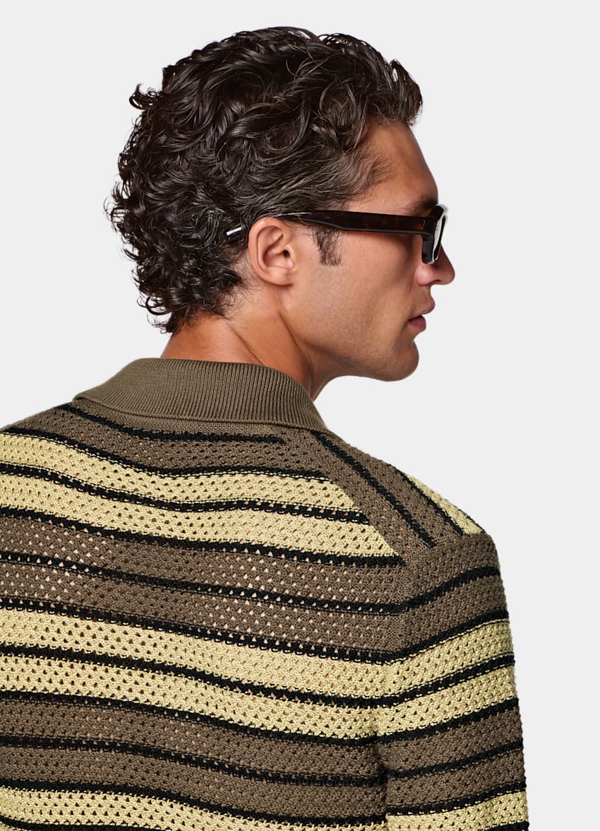 SUITSUPPLY Pure Cotton Mid Green Striped Crochet Buttonless Polo