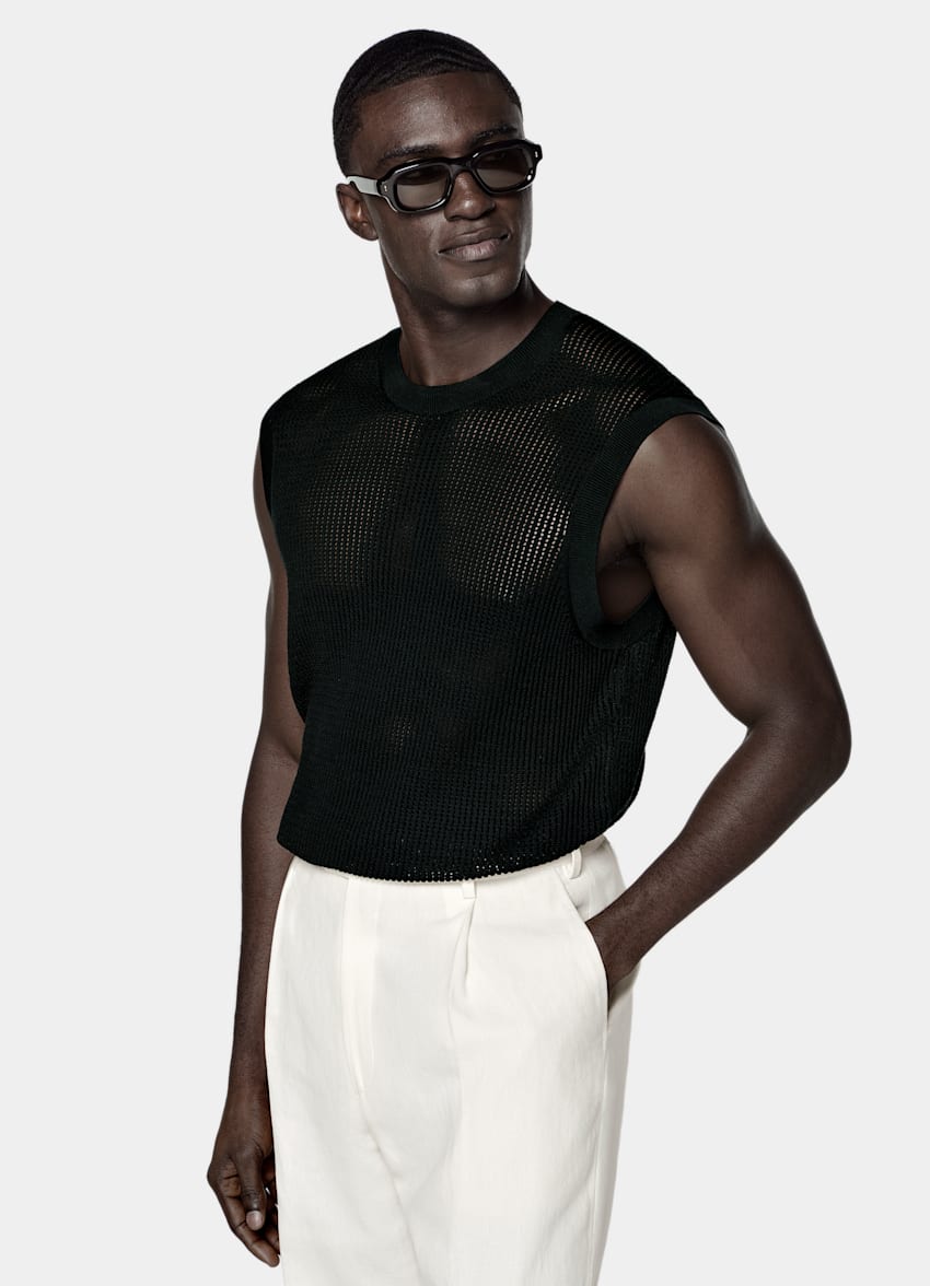 SUITSUPPLY Baumwolle-Seide &Auml;rmelloses Crochet-Top mit Rundhalsausschnitt in Schwarz