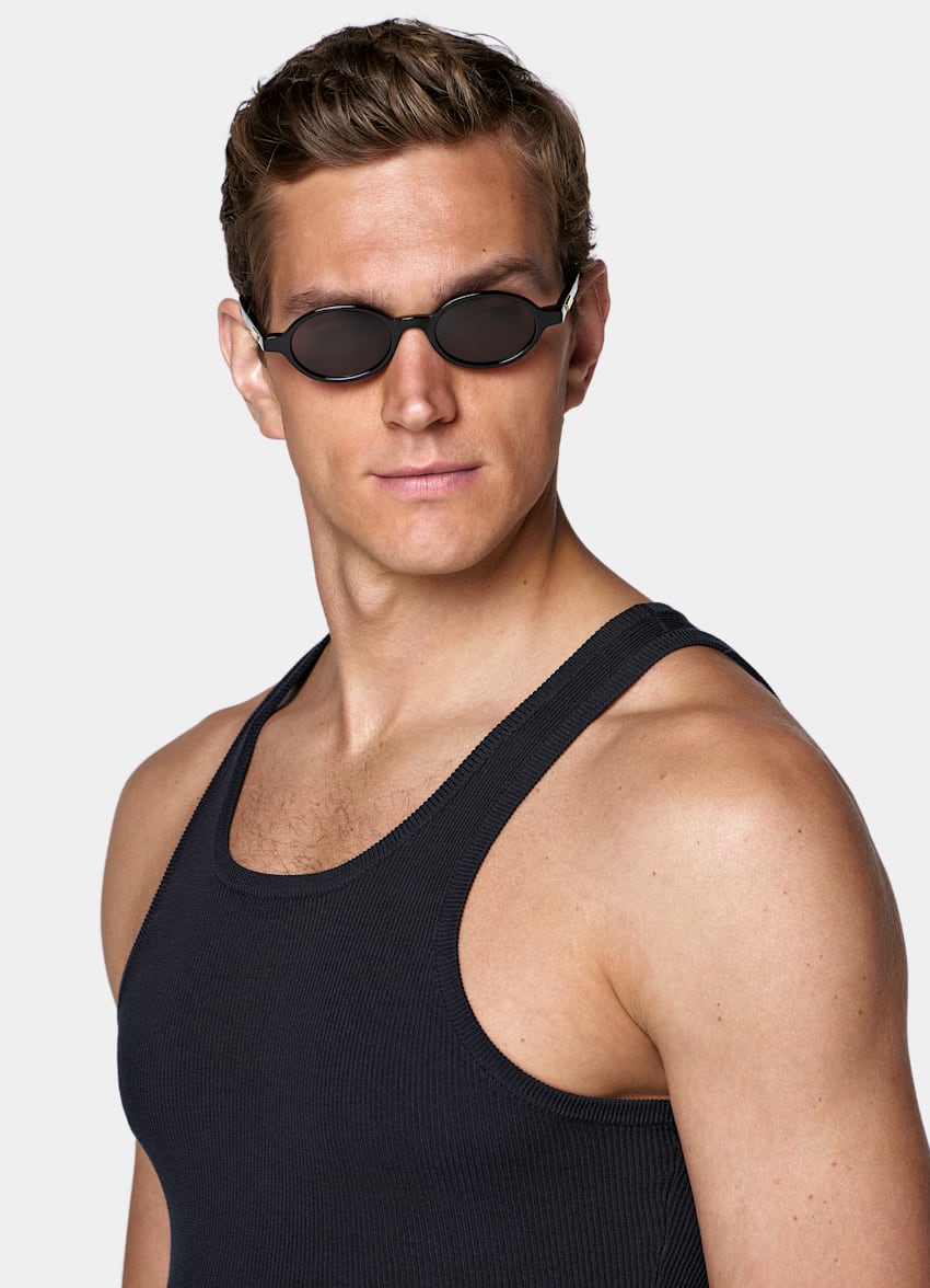SUITSUPPLY Cotton Silk Navy Ribbed Tank Top
