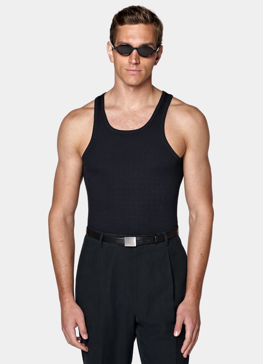 SUITSUPPLY Cotton Silk Navy Ribbed Tank Top