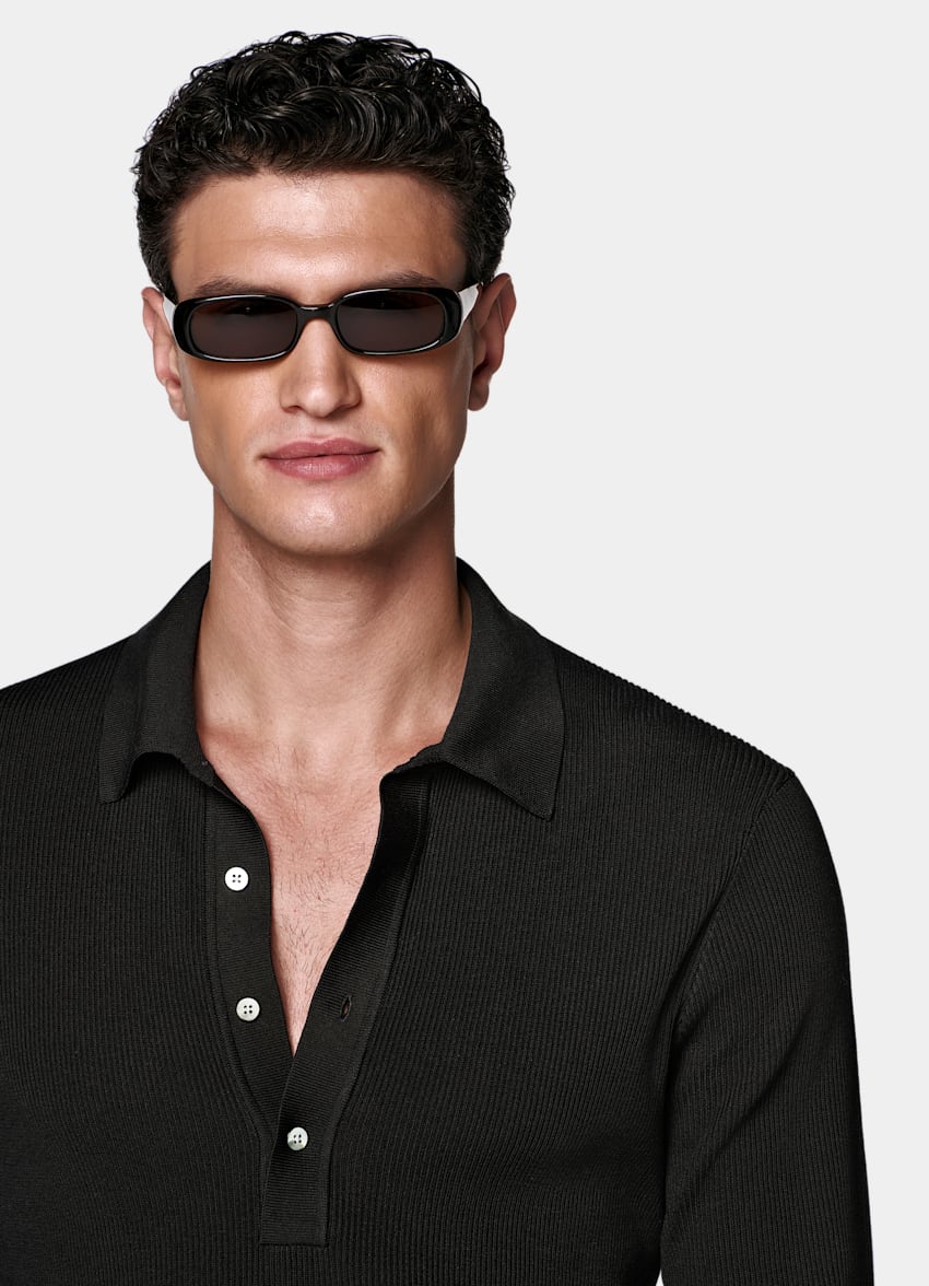 SUITSUPPLY Cotton Silk Black Ribbed Long Sleeve Polo