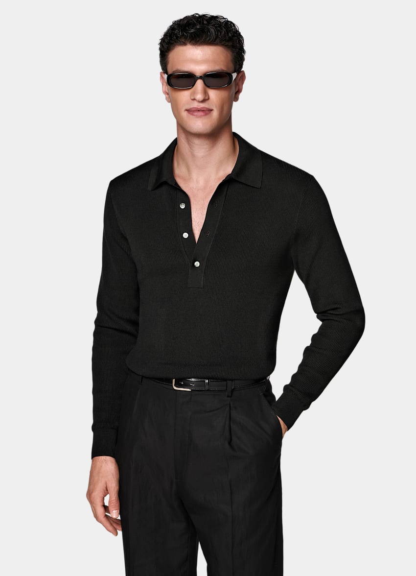 SUITSUPPLY Cotton Silk Black Ribbed Long Sleeve Polo