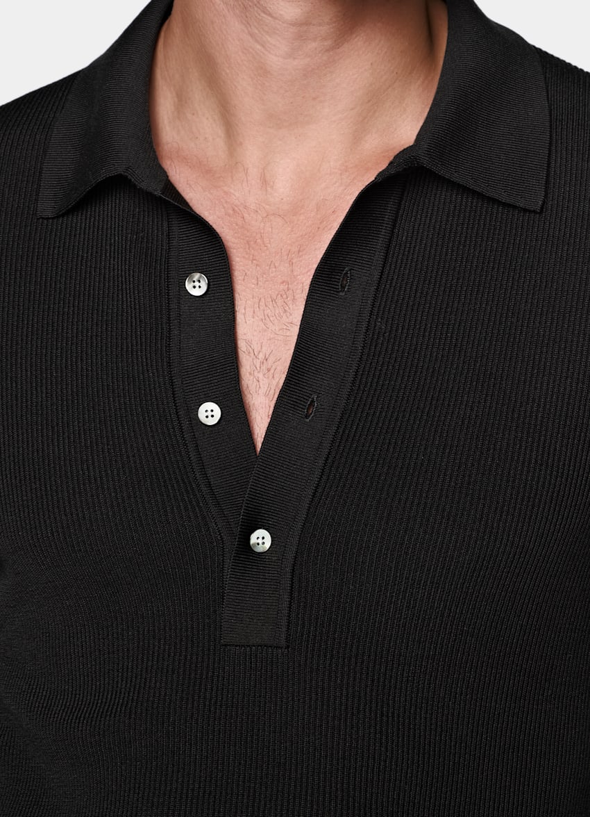 SUITSUPPLY Cotton Silk Black Ribbed Long Sleeve Polo