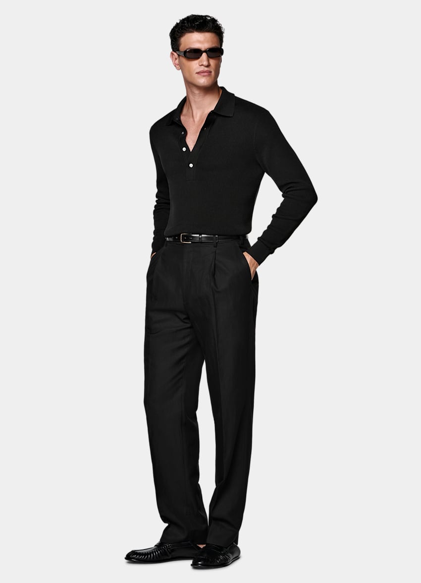 SUITSUPPLY Cotton Silk Black Ribbed Long Sleeve Polo