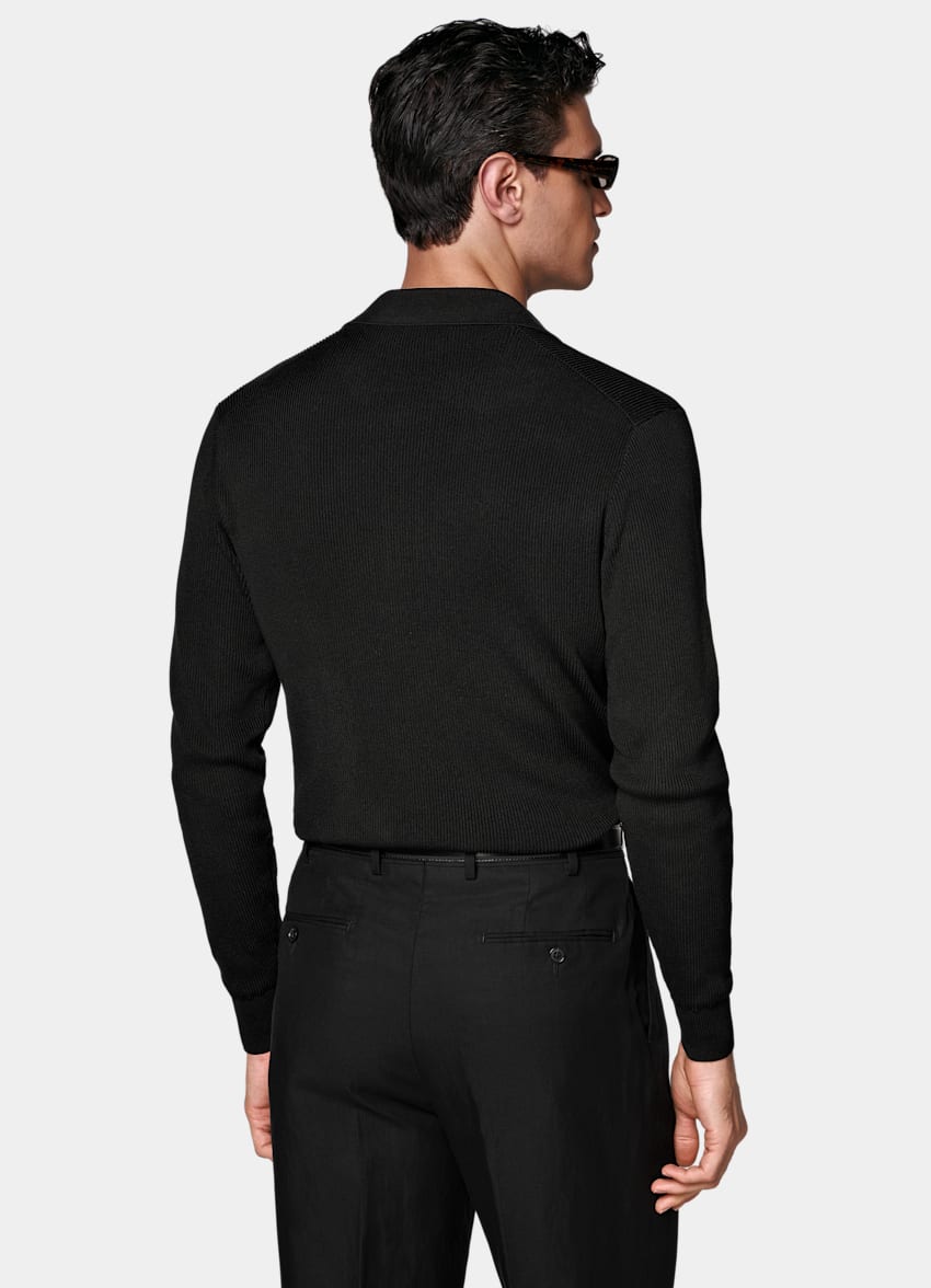 SUITSUPPLY Cotton Silk Black Ribbed Long Sleeve Polo