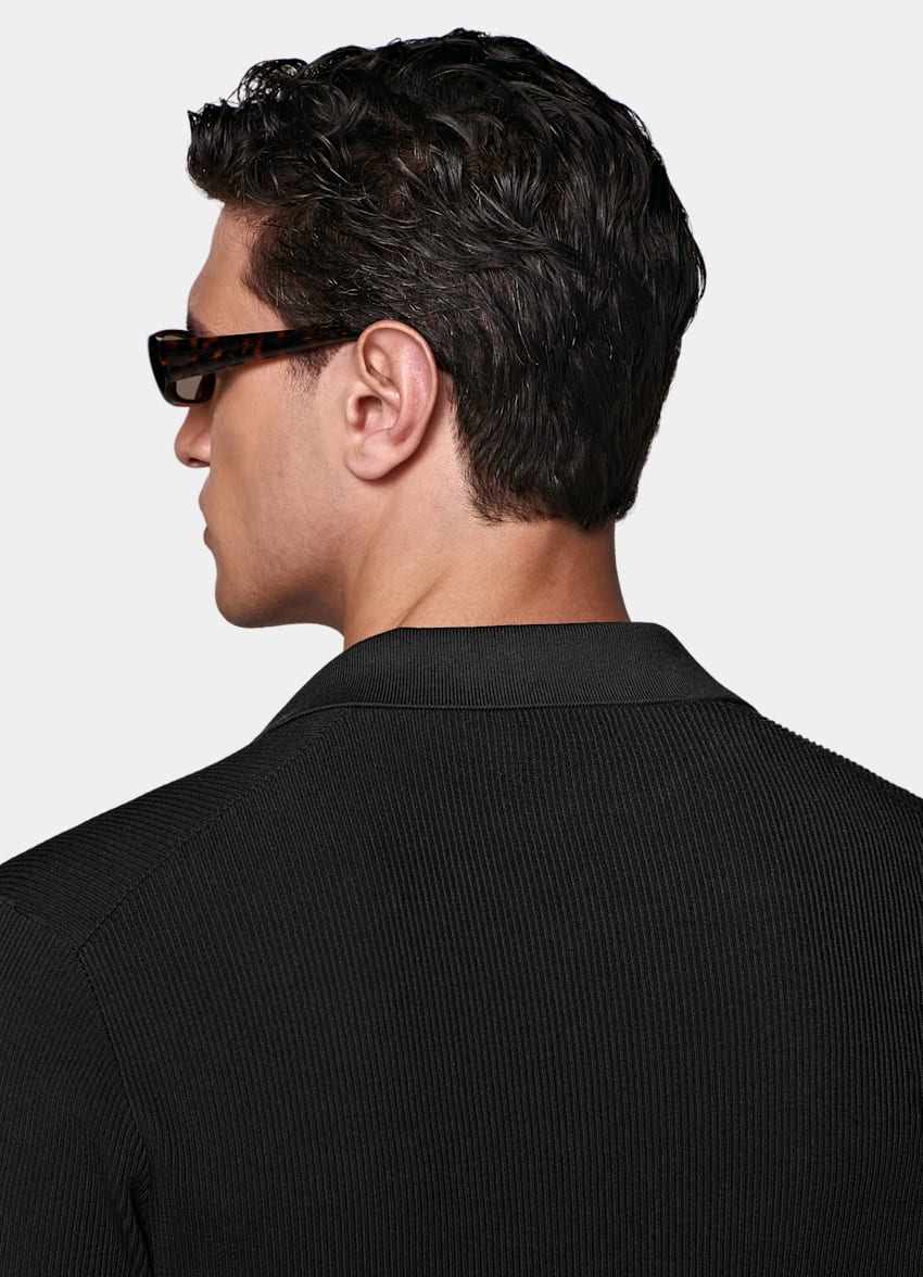 SUITSUPPLY Cotton Silk Black Ribbed Long Sleeve Polo