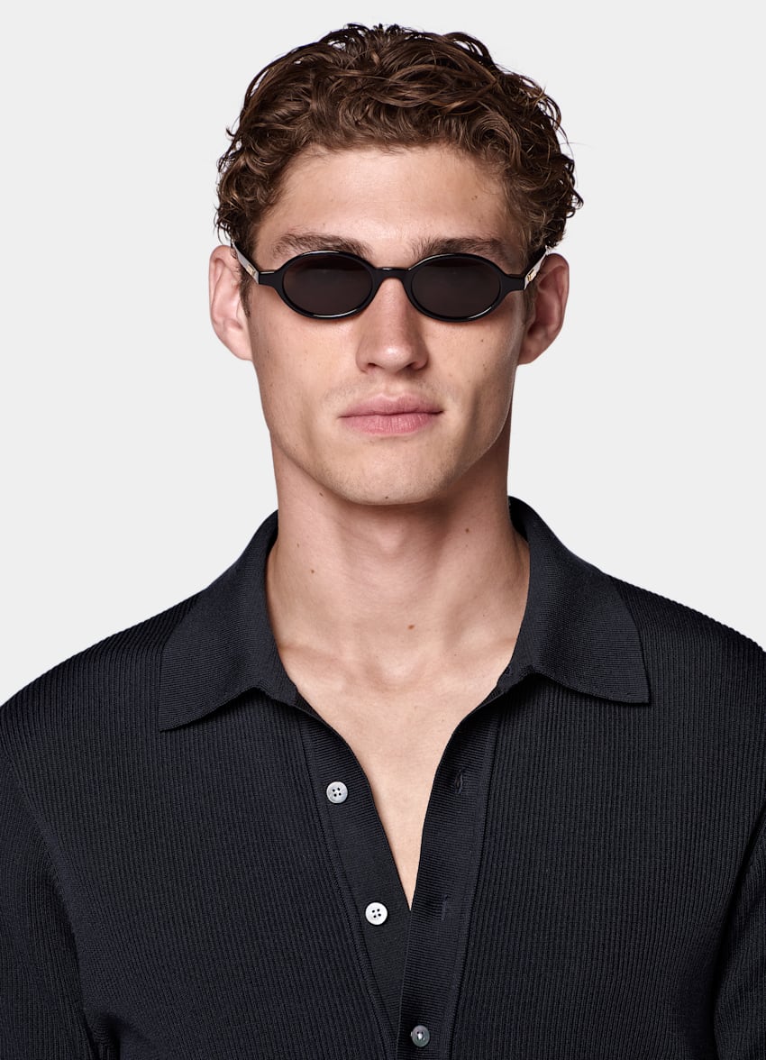 SUITSUPPLY Cotton Silk Navy Ribbed Long Sleeve Polo