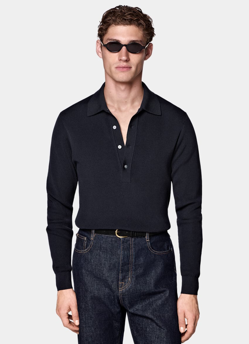 SUITSUPPLY Cotton Silk Navy Ribbed Long Sleeve Polo