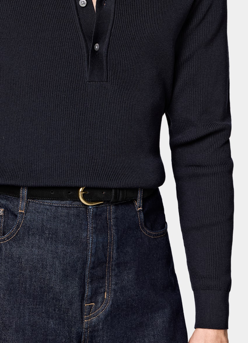 SUITSUPPLY Cotton Silk Navy Ribbed Long Sleeve Polo