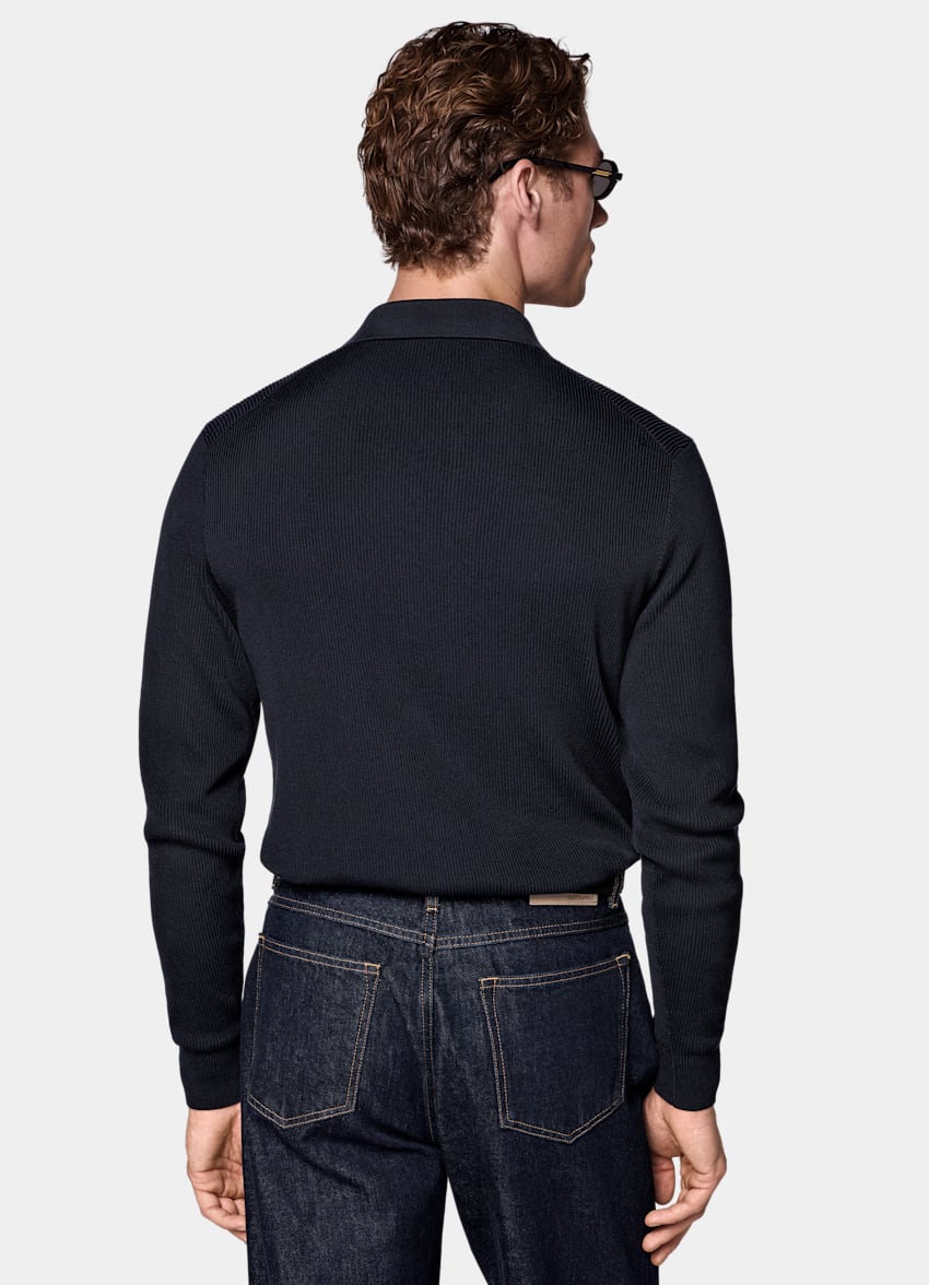SUITSUPPLY Cotton Silk Navy Ribbed Long Sleeve Polo