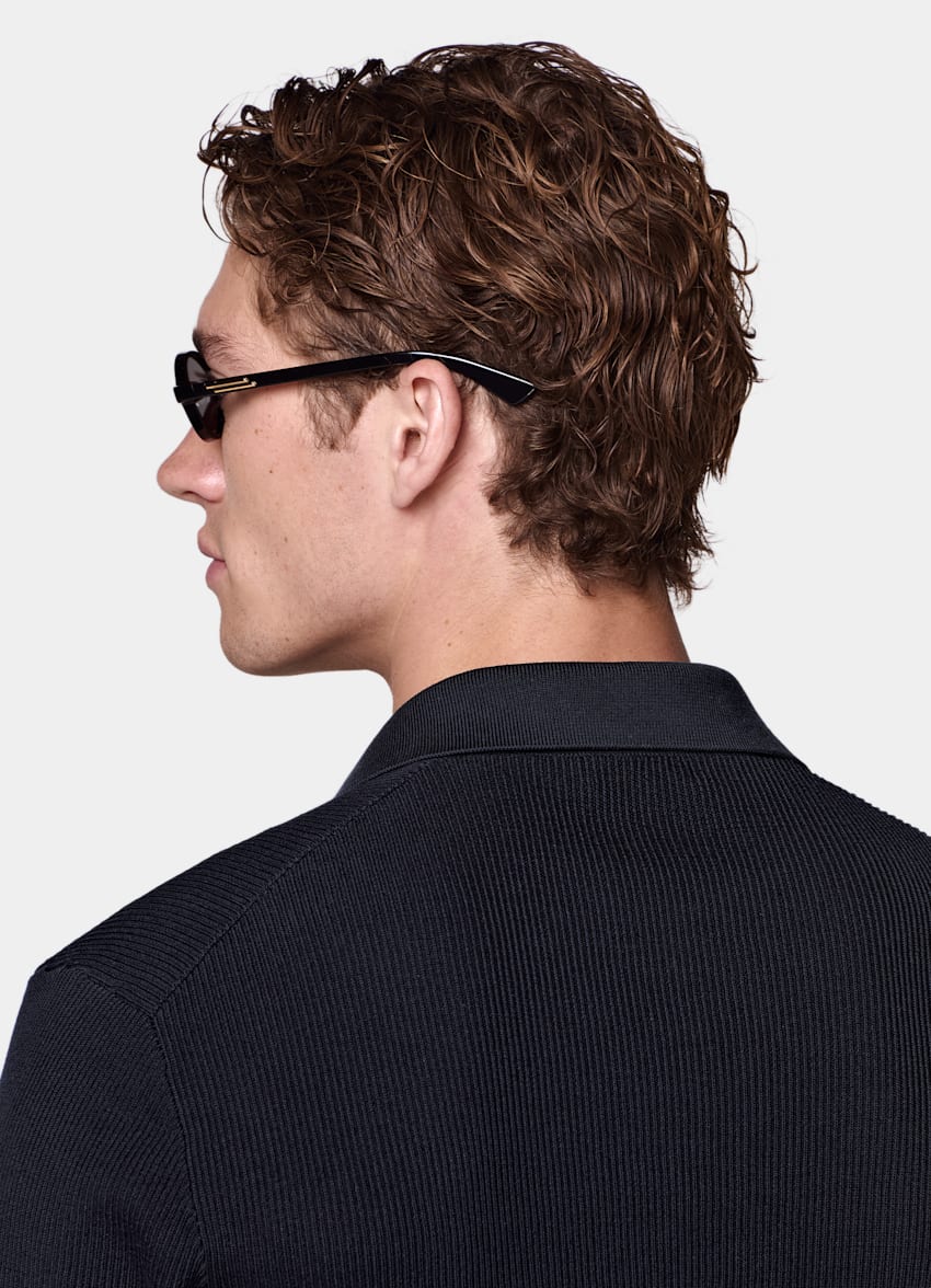 SUITSUPPLY Cotton Silk Navy Ribbed Long Sleeve Polo