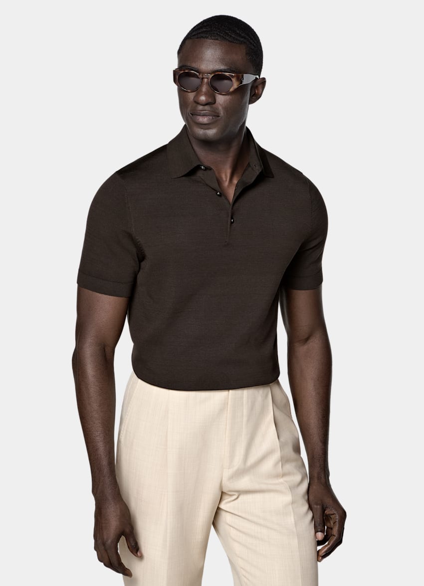 SUITSUPPLY Katoen-zijde Donkerbruine Polo