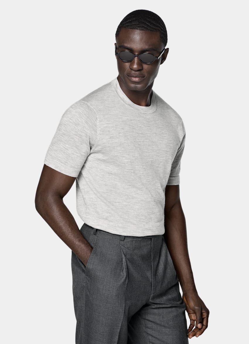SUITSUPPLY Pure Cashmere Light Grey Short Sleeve Crewneck