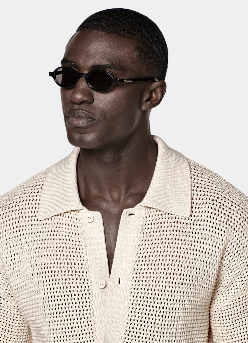 SUITSUPPLY Pure Cotton Sand Crochet Polo Cardigan