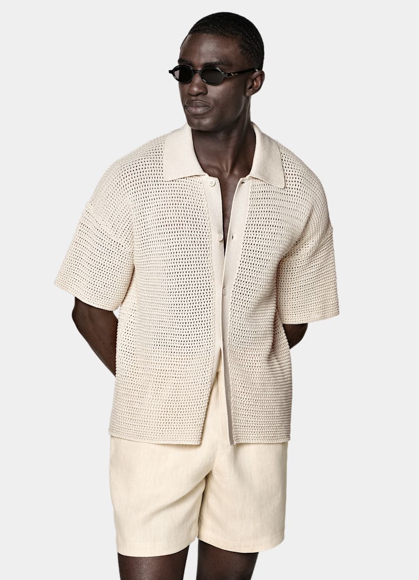 SUITSUPPLY Pure Cotton Sand Crochet Polo Cardigan