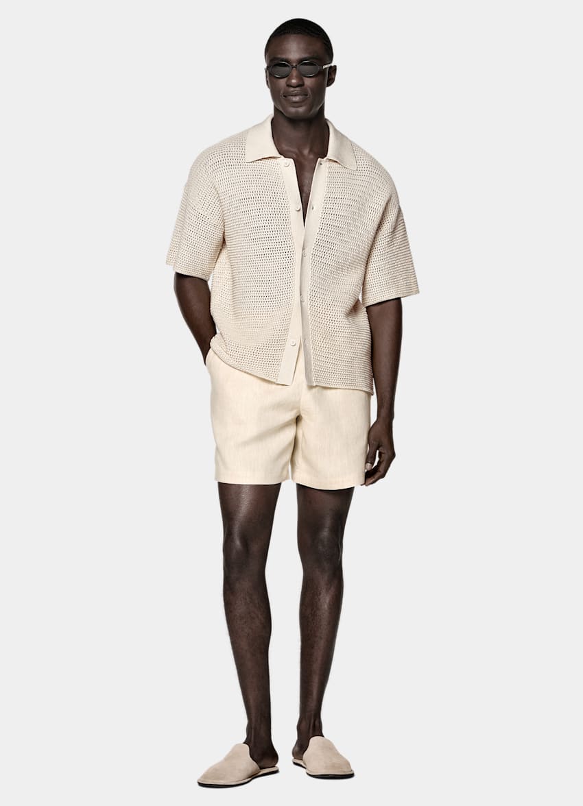 SUITSUPPLY Pure Cotton Sand Crochet Polo Cardigan