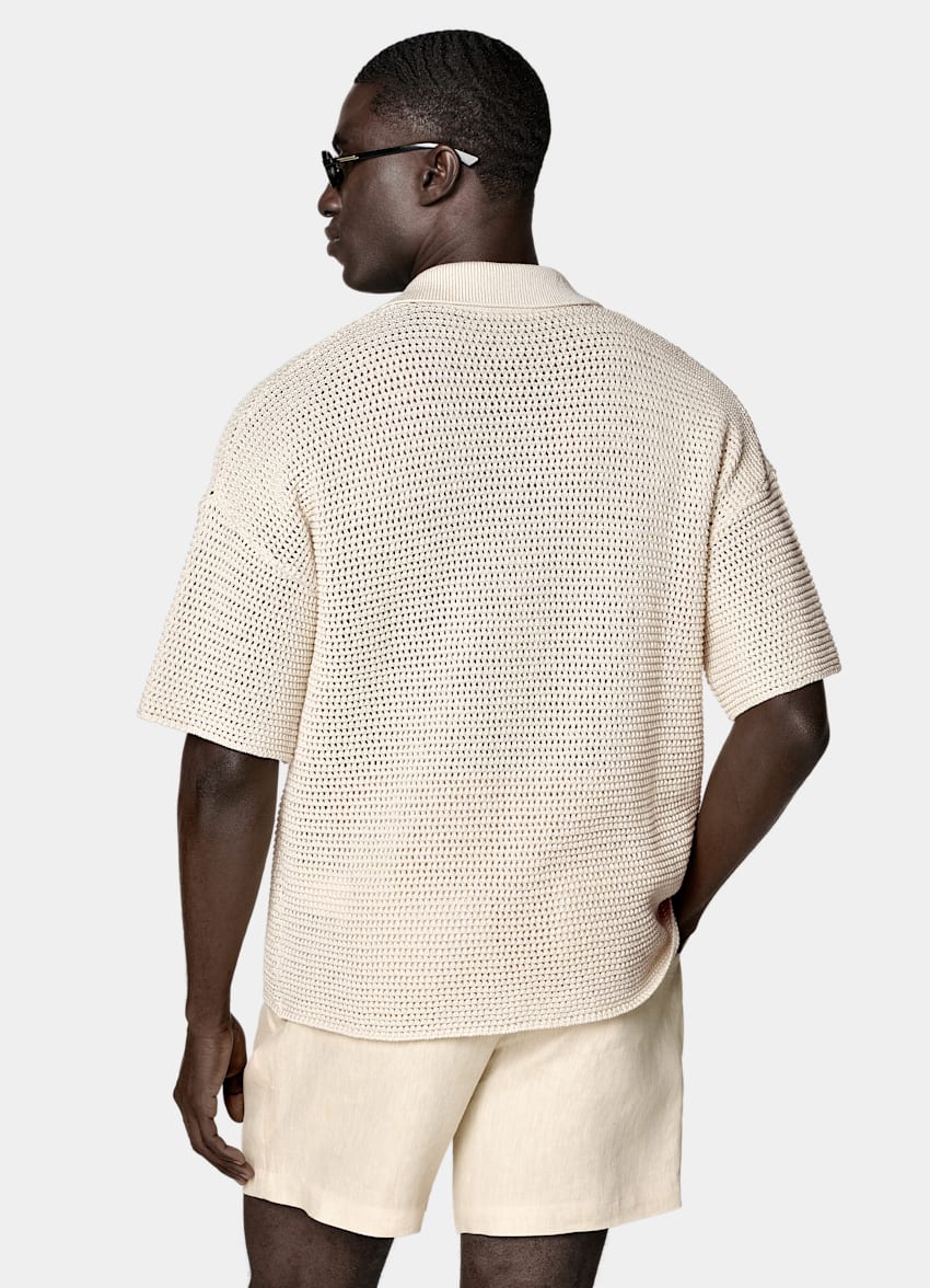 SUITSUPPLY Pure Cotton Sand Crochet Polo Cardigan