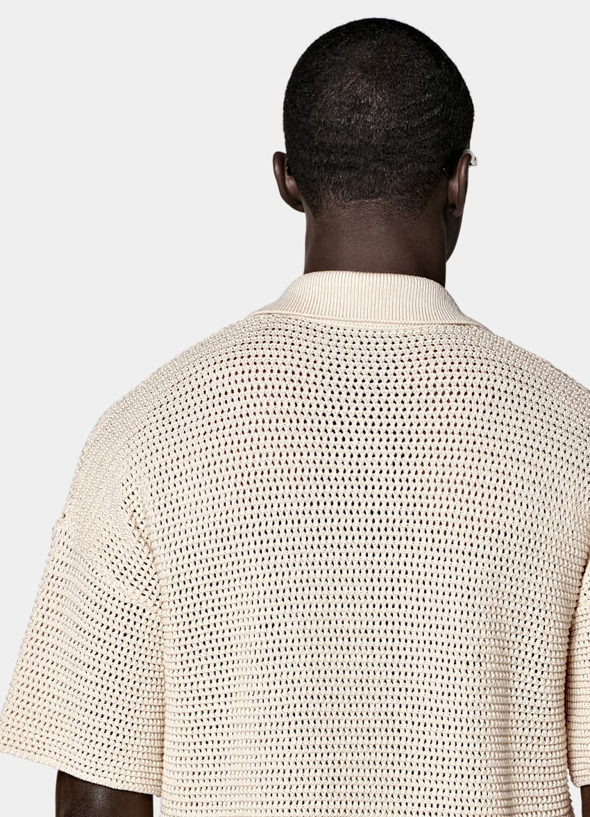 SUITSUPPLY Pure Cotton Sand Crochet Polo Cardigan