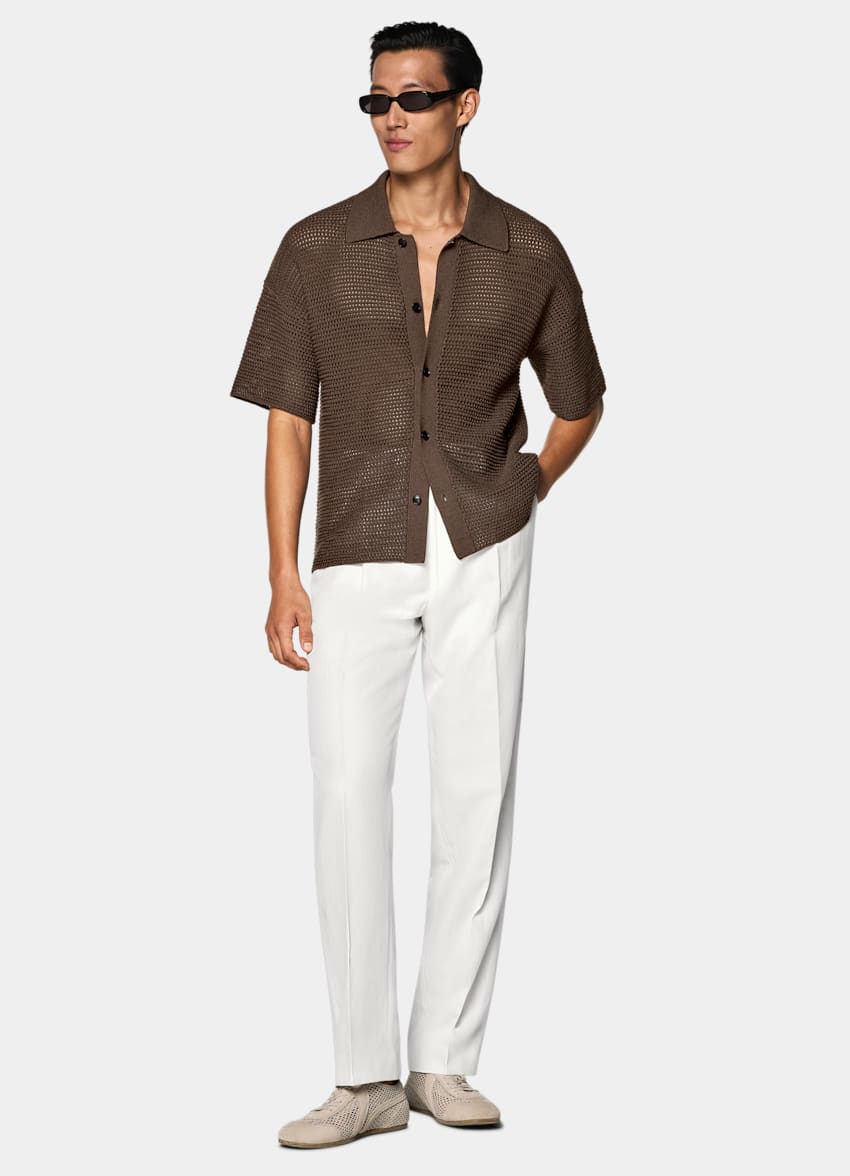 SUITSUPPLY Pure Cotton Mid Brown Crochet Polo Cardigan